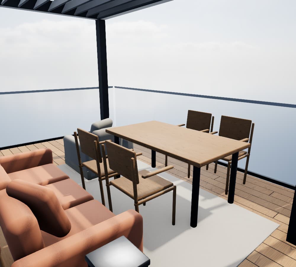 Terraza con tarima de teca, comedor y pérgola bioclimática diseñada con el configurador de Terrazea